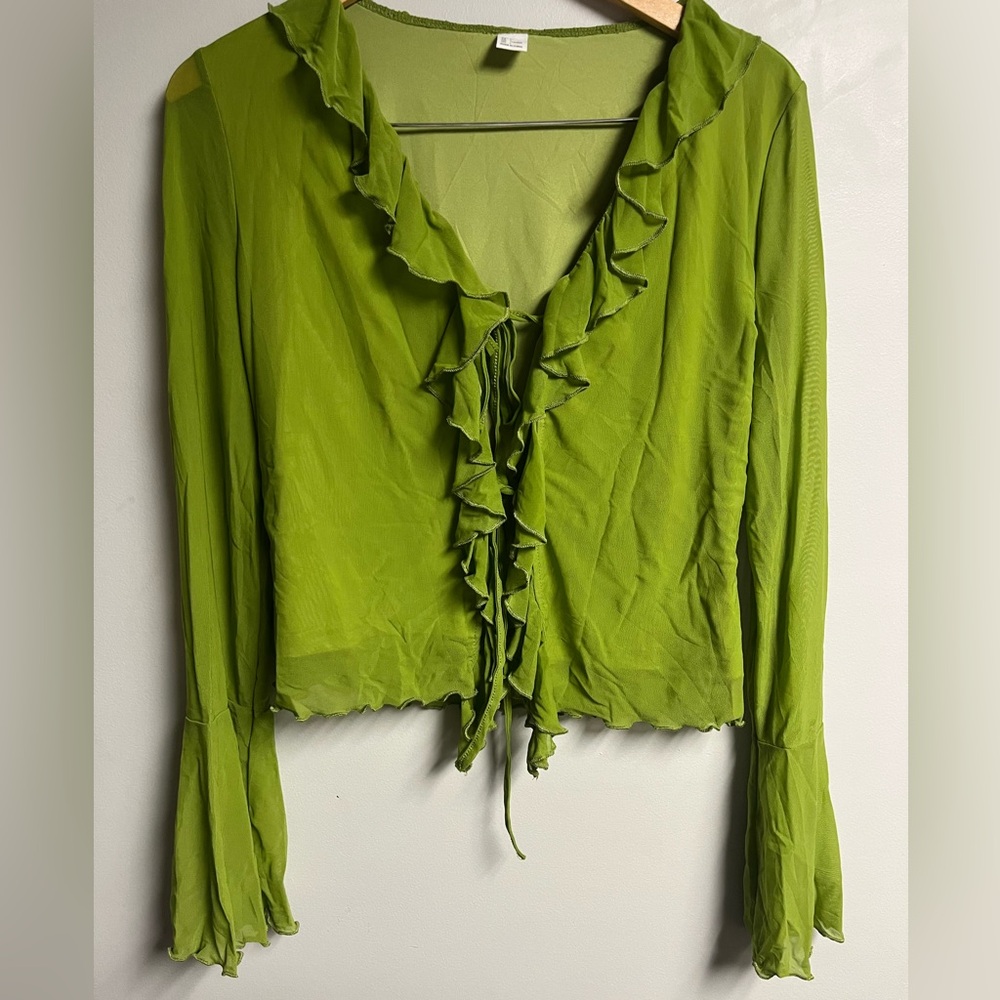 Lime Green Ruffle Tie Front Long Sleeve Blouse Size L